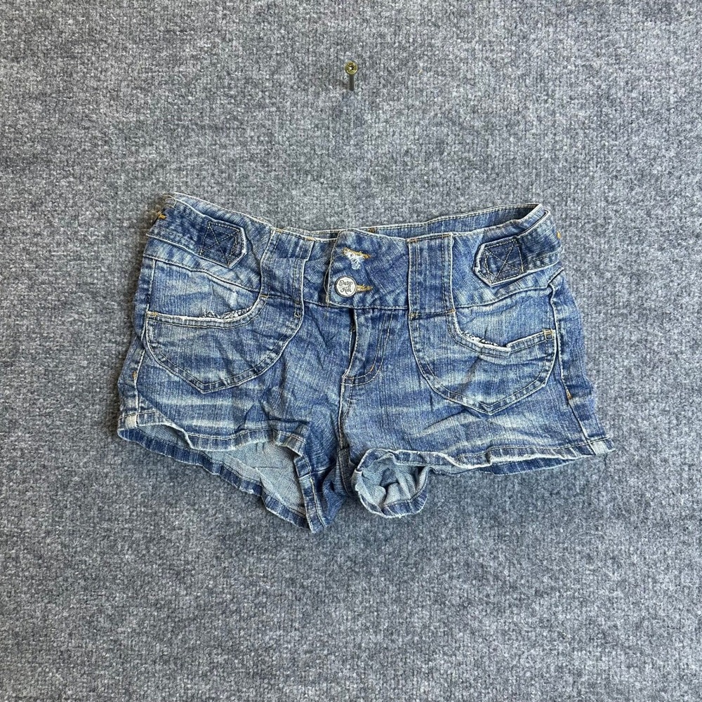Indigo Rein Denim Shorts Womens Size 7 Blue Low Rise Distressed Embroidered Fair